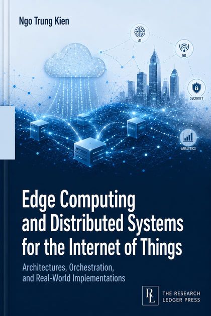 Cover of Edge Computing and Distributed Systems for the Internet of Things: edge server nodes on a mesh beneath a data-shedding cloud and a city skyline.