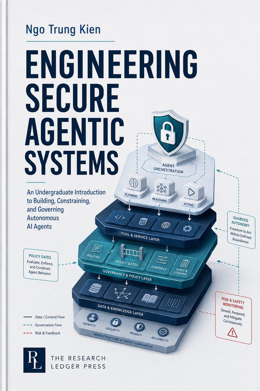 Cover of Engineering Secure Agentic Systems: a layered agent architecture with orchestration, planning, reasoning, acting, governance, policy gates, audit, and a secure trust foundation.