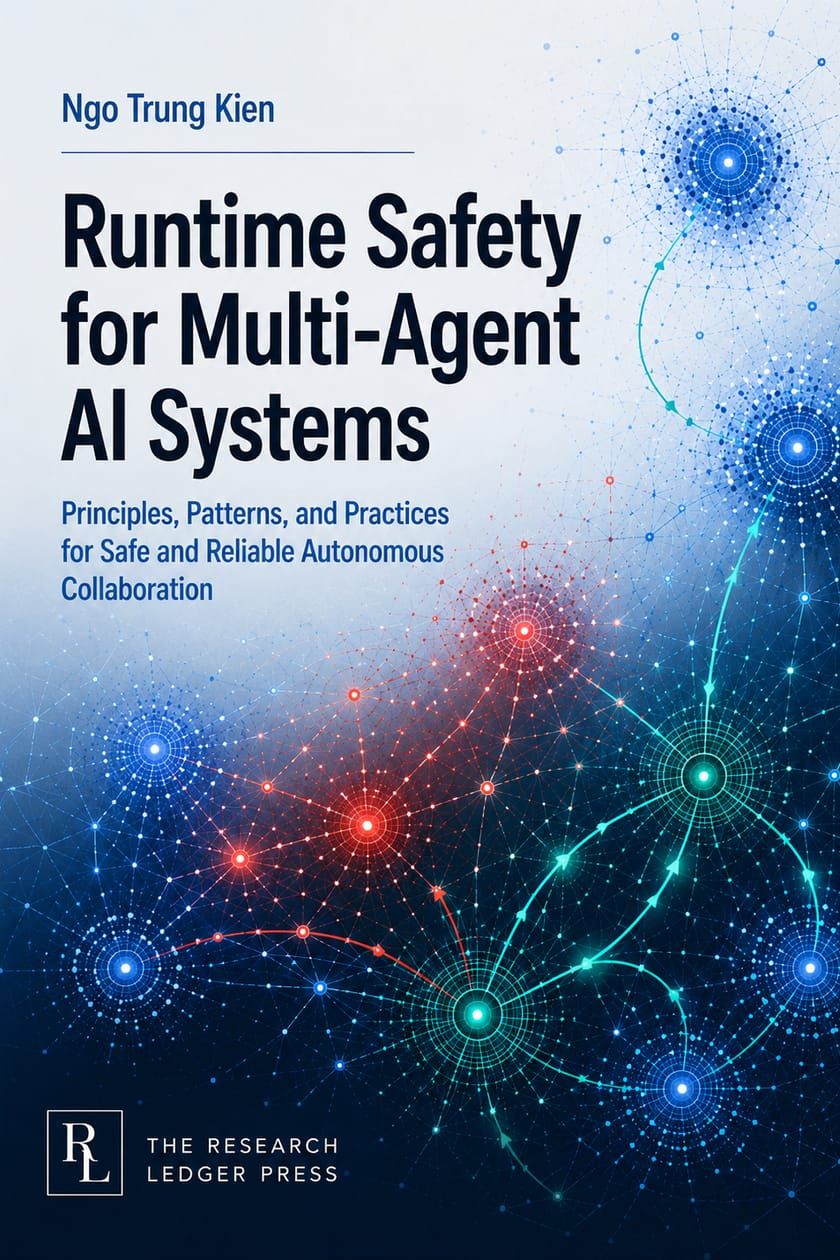 Cover of Runtime Safety for Multi-Agent AI Systems: blue, red, and teal agent networks connected by directed safety and coordination paths.