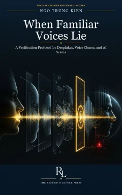 Cover of When Familiar Voices Lie: a prepared Research Ledger Press guide to verifying deepfakes, voice clones, and AI scams.