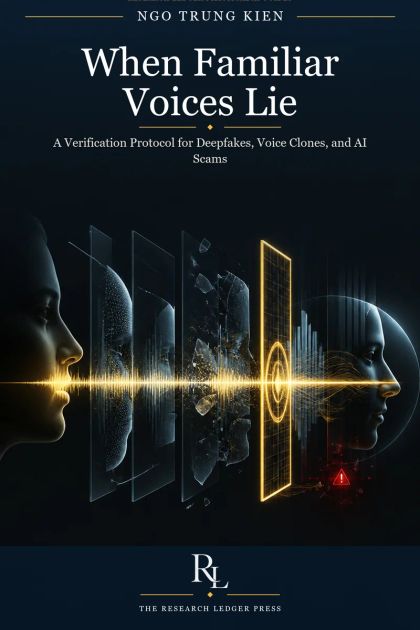 Cover of When Familiar Voices Lie: a prepared Research Ledger Press guide to verifying deepfakes, voice clones, and AI scams.