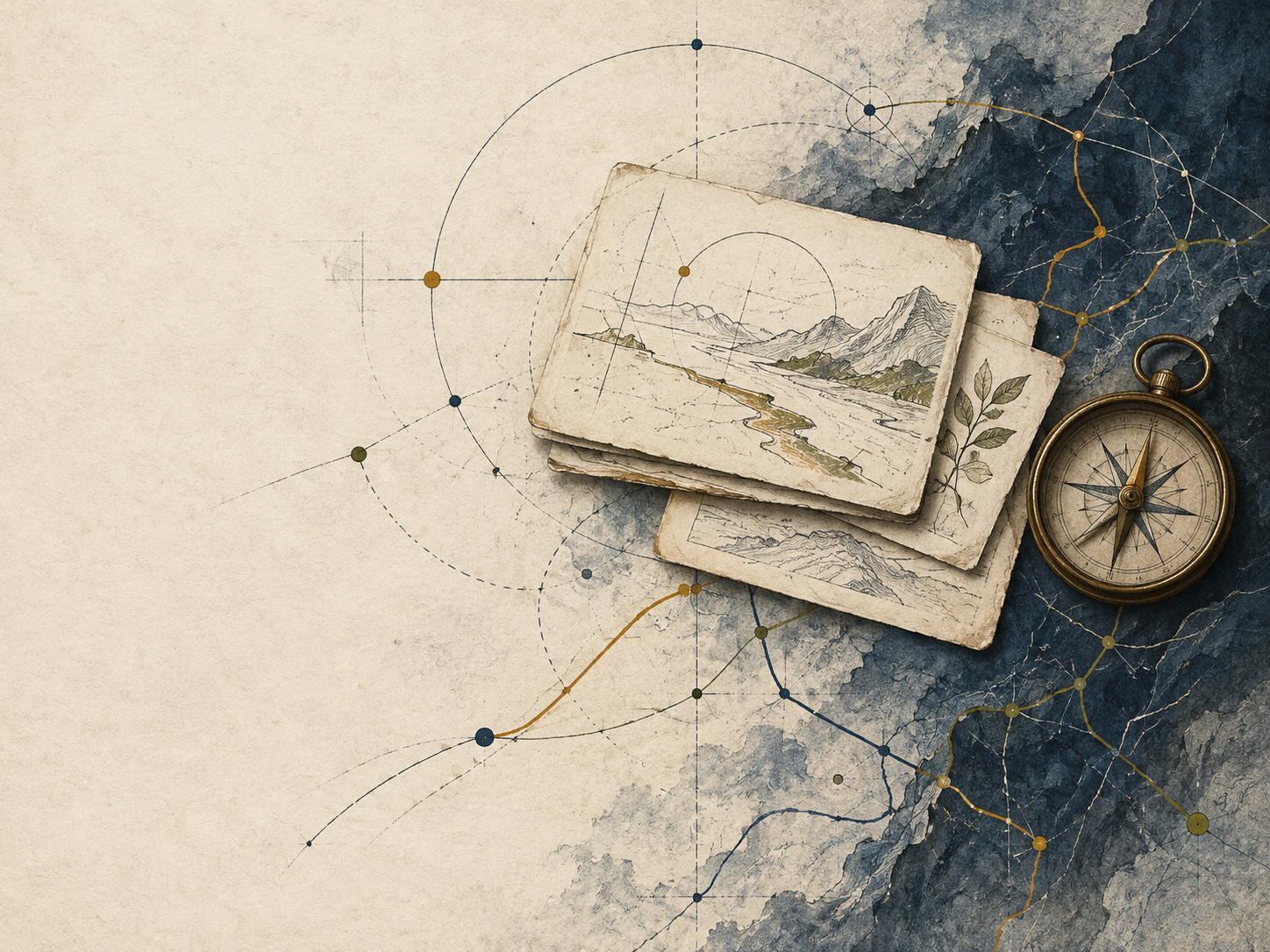 Editorial artwork on warm paper showing field cards, a compass, terrain, and blue and ochre system pathways