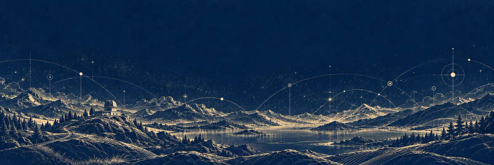 Editorial scientific panorama with mountains, an observatory, and research signal lines