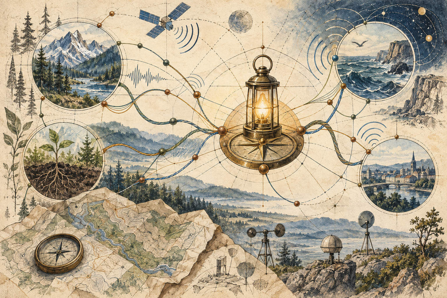 Editorial artwork on warm paper showing a brass lantern and compass hub linked by blue and ochre signal paths, node circles, and a field map