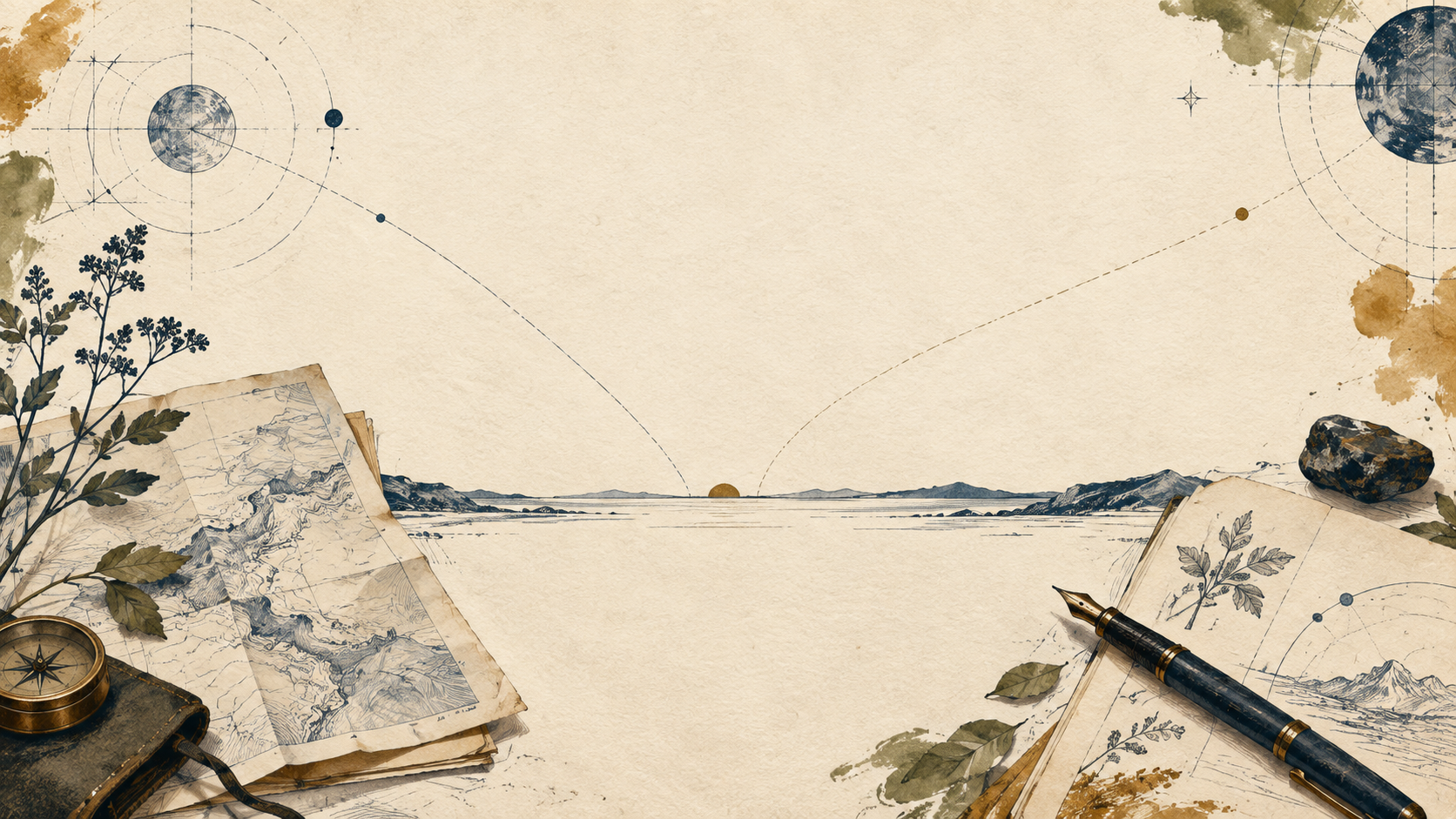 Editorial artwork on warm paper showing field notes, a pen, a plant, a horizon, and converging signal paths