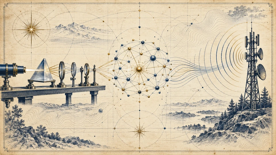 Editorial collage on parchment: an optical bench, a sphere of connected nodes, and a radio mast linked by flowing wave lines