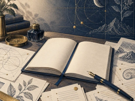 Field-notebook illustration with a fountain pen, research diagrams, plant sketch, and network geometry